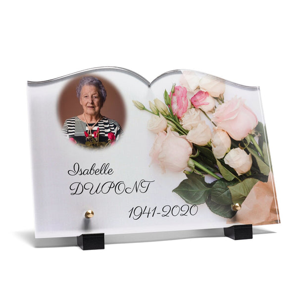 Plaque funéraire bouquet-garni-forme-livre 10 plapuedacaes.com
