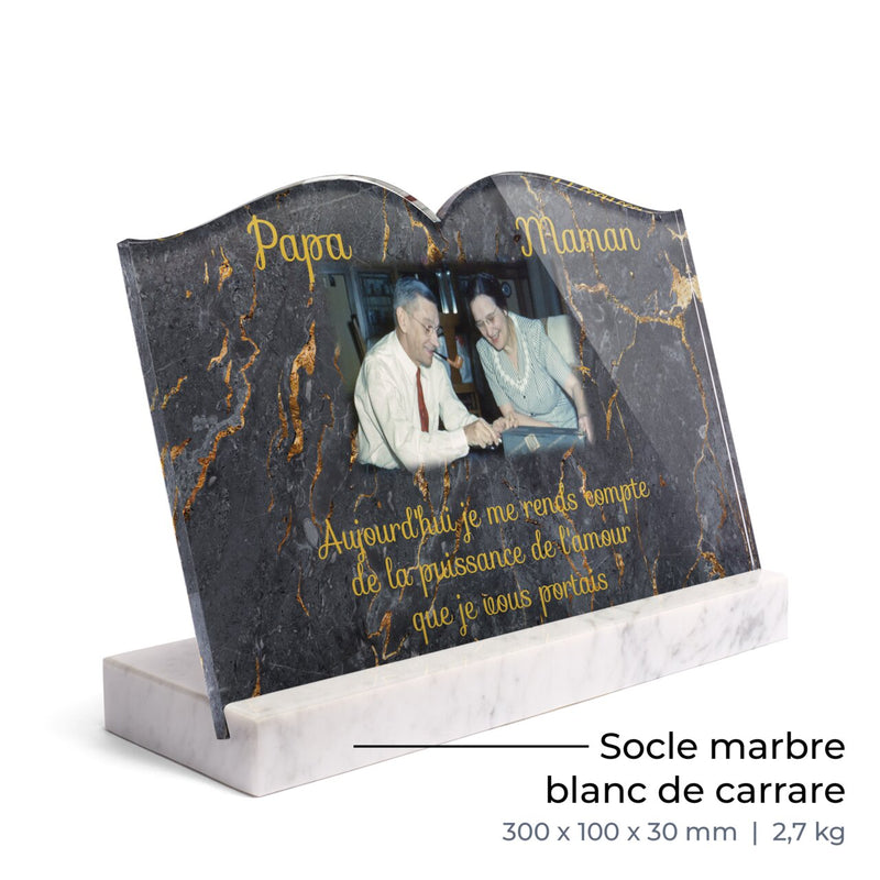 Plaque funéraire livre-marbre-noir-et-or-forme-livre 24 plapuedacaes.com