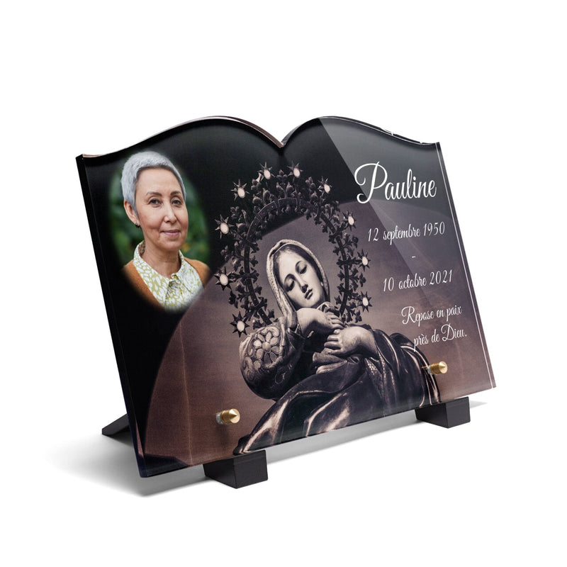 Plaque funéraire vierge-marie-couronnee-detoiles-forme-livre 17 plapuedacaes.com