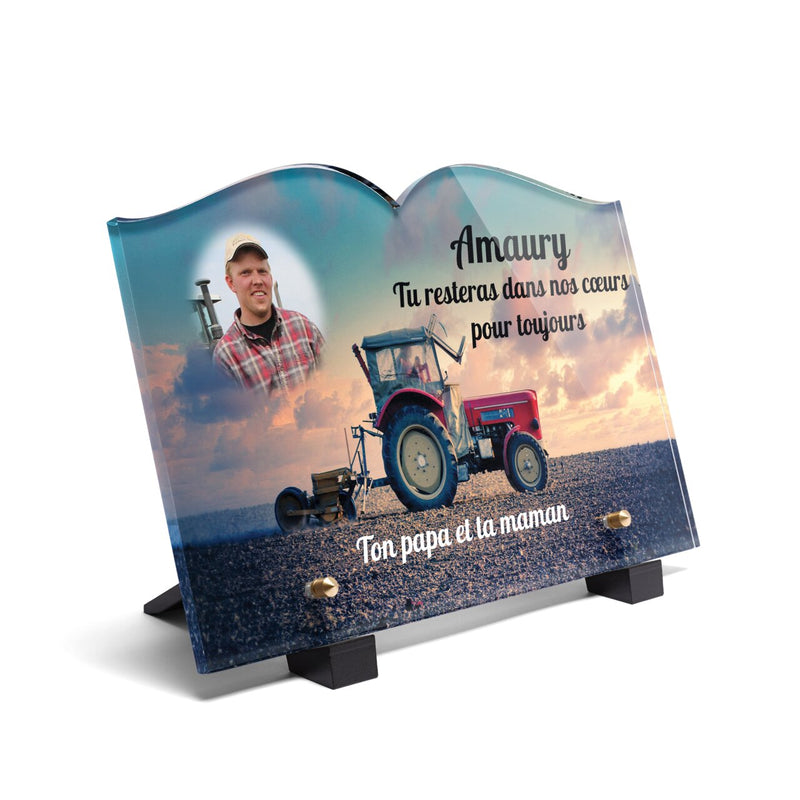 Plaque funéraire agriculteur-avec-son-tracteur-forme-livre 12 plapuedacaes.com