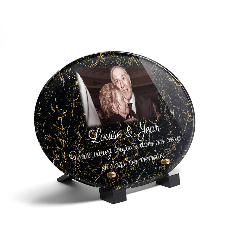 Plaque funéraire livre-marbre-noir-et-or-forme-ovale 22 plapuedacaes.com