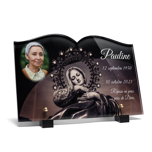 Plaque funéraire vierge-marie-couronnee-detoiles-forme-livre 8 plapuedacaes.com
